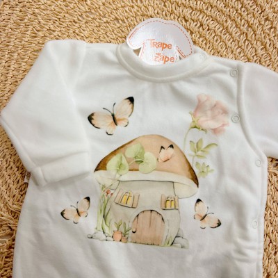 Macacão em Soft Casinha de Cogumelos - Off White e Areia